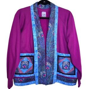 VTG Handmade Quilted Fleecewise Patchwork Open Cardigan M Wearable Art Americana